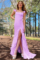 Ailani | Emerald Green Square Neck Ruffle Slit Prom Dress