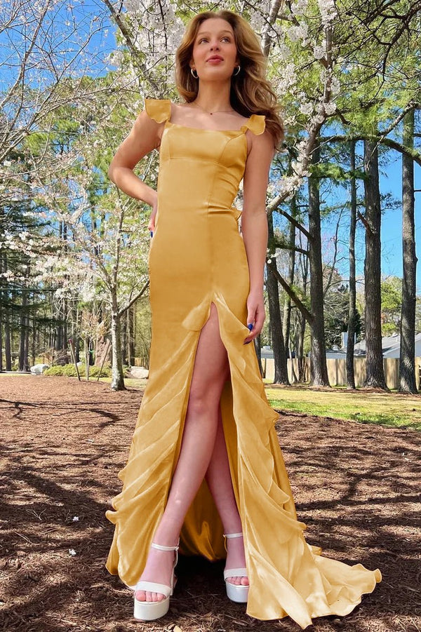 Emerald Green Square Neck Ruffle Slit Prom Dress, Yellow / 2