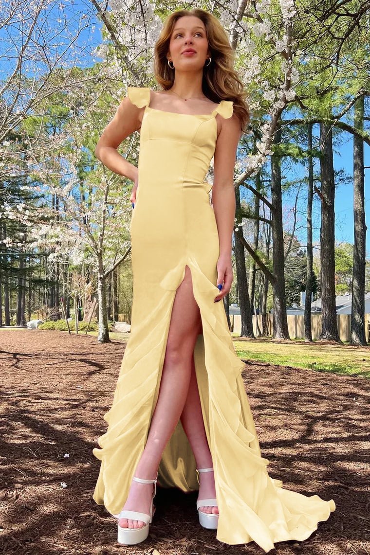 Emerald Green Square Neck Ruffle Slit Prom Dress Emerald Green Square Neck Ruffle Slit Prom Dress