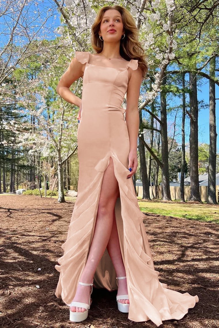 Emerald Green Square Neck Ruffle Slit Prom Dress Emerald Green Square Neck Ruffle Slit Prom Dress