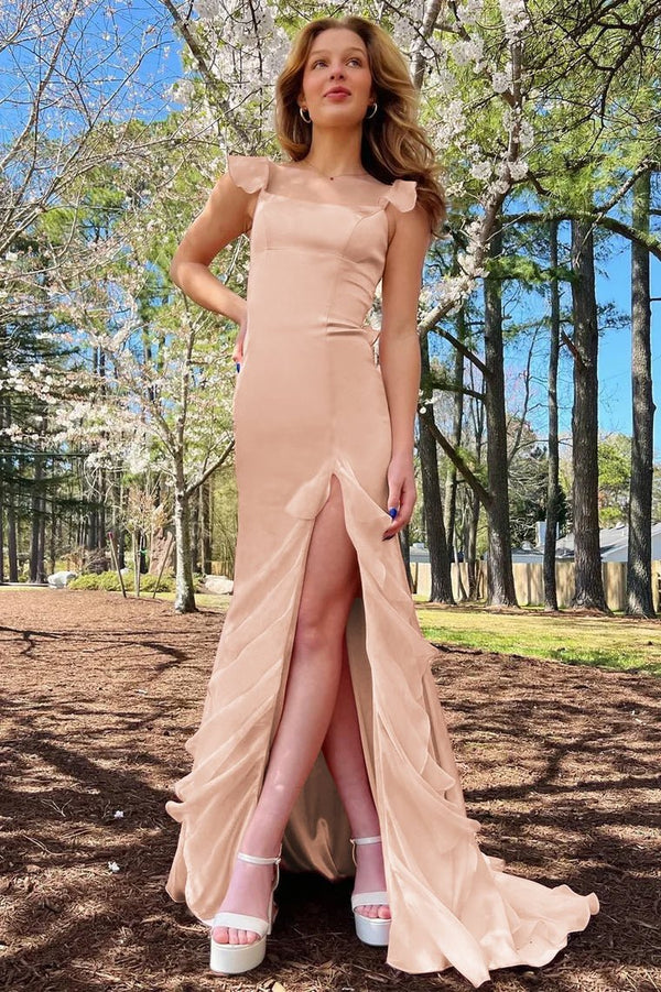 Emerald Green Square Neck Ruffle Slit Prom Dress, Champagne / 14