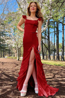 Ailani | Emerald Green Square Neck Ruffle Slit Prom Dress