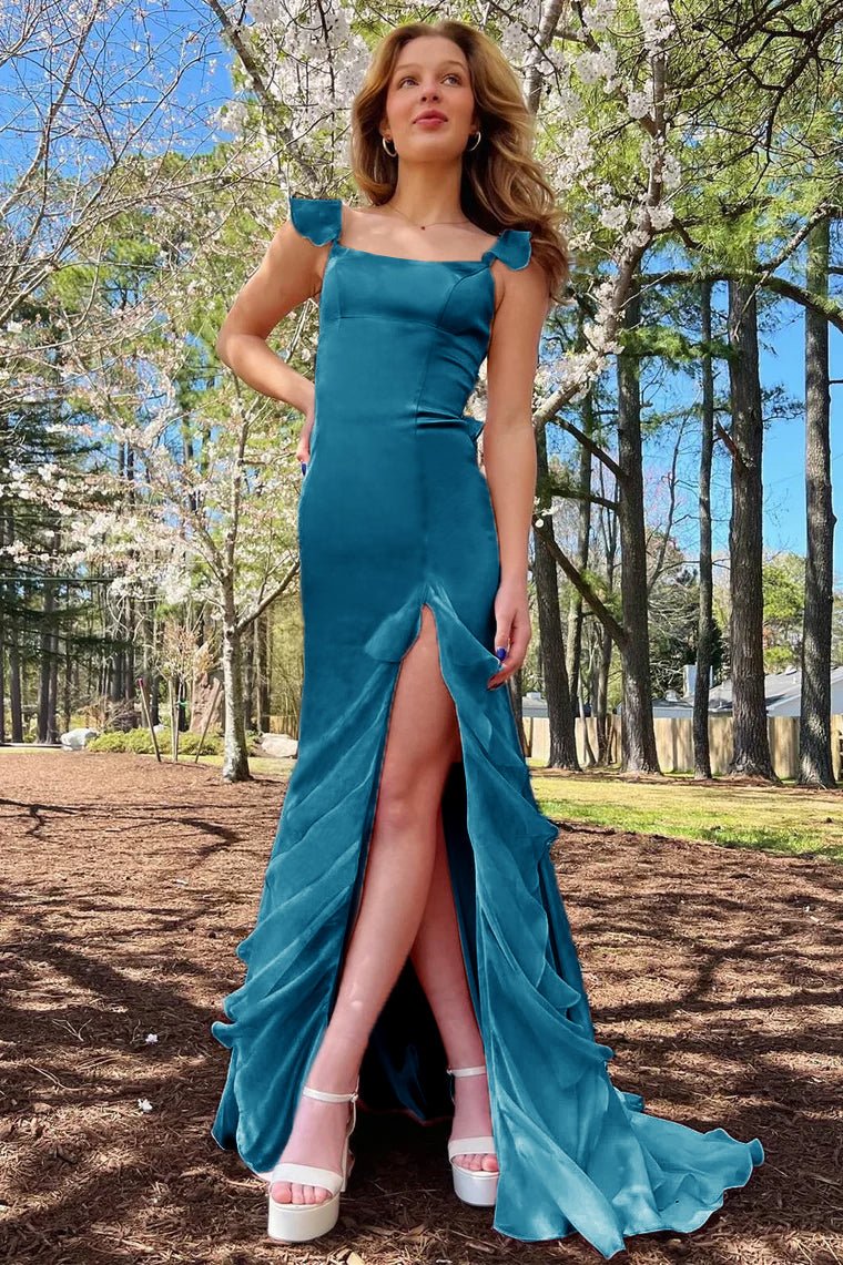 Emerald Green Square Neck Ruffle Slit Prom Dress, Peacock / 12 Emerald Green Square Neck Ruffle Slit Prom Dress, Peacock / 12