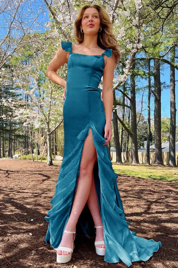 green ruffle prom dress Emerald Green Square Neck Ruffle Slit Prom Dress, Peacock / 12
