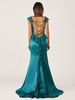 Ailani | Emerald Green Square Neck Ruffle Slit Prom Dress