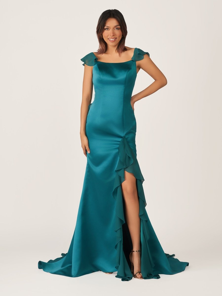 Emerald Green Square Neck Ruffle Slit Prom Dress, Emerald / 4 Emerald Green Square Neck Ruffle Slit Prom Dress, Emerald / 4
