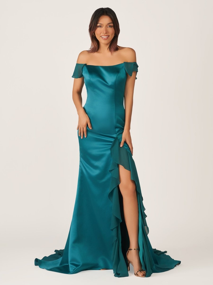 Emerald Green Square Neck Ruffle Slit Prom Dress, Emerald / 4 Emerald Green Square Neck Ruffle Slit Prom Dress, Emerald / 4
