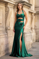 Emerald Halter Mermaid Satin Long Party Dress With 3D Flowers | KISSPROM