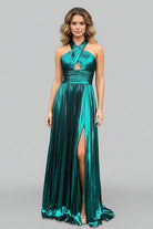 Peacock Blue Halter Neck A - Line Long Prom Dress With Split - KissProm