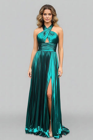 Peacock Blue Halter Neck A - Line Long Prom Dress With Split - KissProm