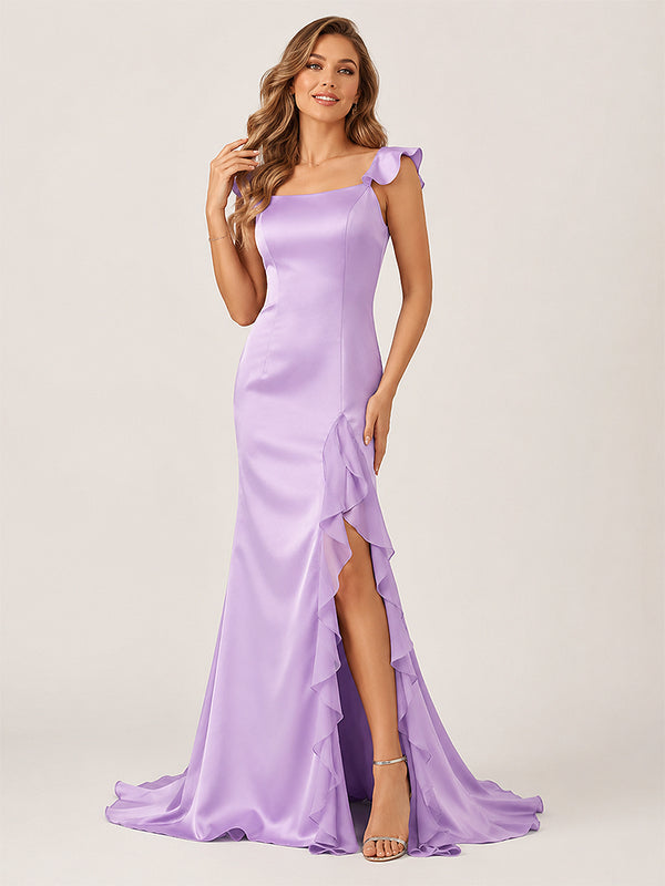 Ailani | Lavender Square Neck Ruffle Slit Prom Dress-KissProm