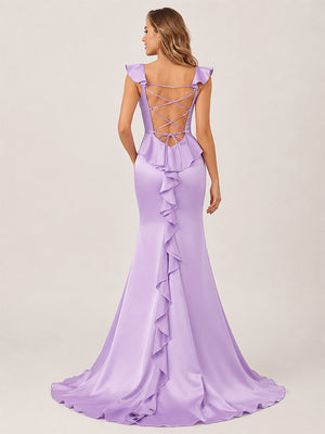 Ailani | Lavender Square Neck Ruffle Slit Prom Dress-KissProm