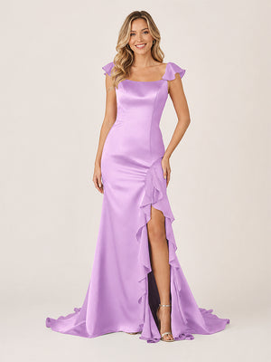 Ailani | Lilac Square Neck Ruffle Slit Prom Dress-KissProm