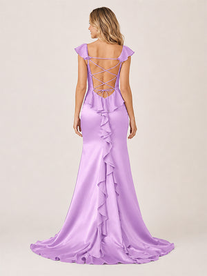 Ailani | Lilac Square Neck Ruffle Slit Prom Dress-KissProm