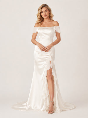 Ailani | Ivory Square Neck Ruffle Slit Prom Dress-KissProm