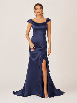 Ailani | Navy Blue Square Neck Ruffle Slit Prom Dress-KissProm