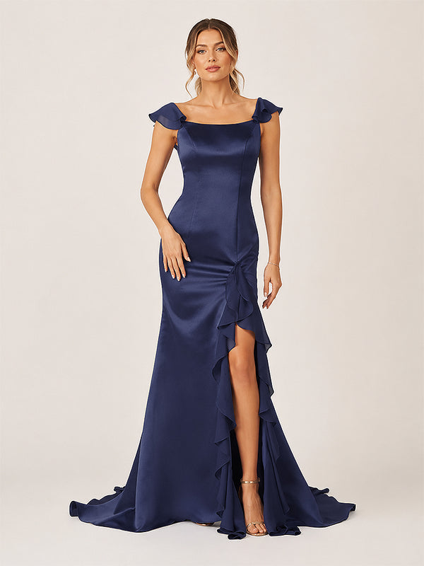 Ailani | Navy Blue Square Neck Ruffle Slit Prom Dress-KissProm