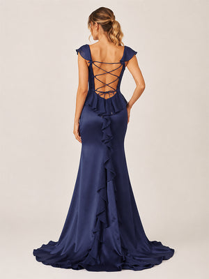Ailani | Navy Blue Square Neck Ruffle Slit Prom Dress-KissProm