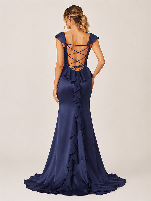Ailani | Navy Blue Square Neck Ruffle Slit Prom Dress-KissProm