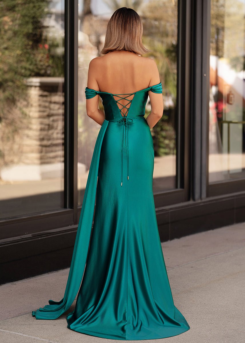 KissProm-Adelaide Emerald Mermaid Satin Long Prom Dress With Slit