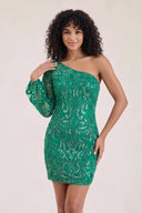 Emerald One-Sleeve Short Sequin Lace-Up Embroidered Homecoming Dress - KissProm
