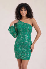 Emerald One-Sleeve Short Sequin Lace-Up Embroidered Homecoming Dress - KissProm