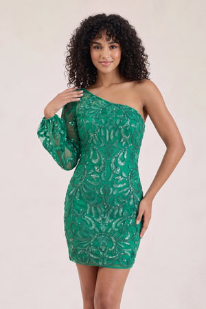 Emerald One-Sleeve Short Sequin Lace-Up Embroidered Homecoming Dress - KissProm
