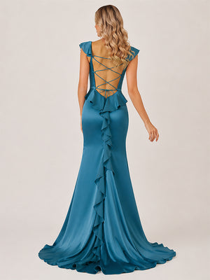 Ailani | Peacock Square Neck Ruffle Slit Prom Dress-KissProm