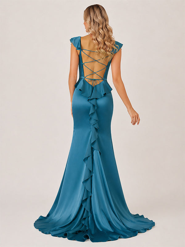Ailani | Peacock Square Neck Ruffle Slit Prom Dress-KissProm