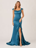 Ailani | Peacock Square Neck Ruffle Slit Prom Dress-KissProm