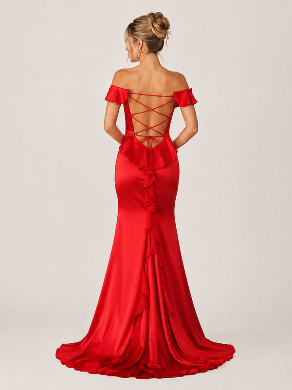 Ailani | Red Square Neck Ruffle Slit Prom Dress-KissProm