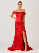 Ailani | Red Square Neck Ruffle Slit Prom Dress-KissProm