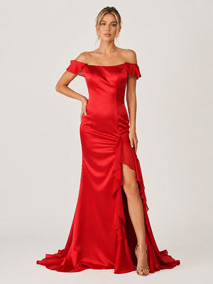 Ailani | Red Square Neck Ruffle Slit Prom Dress-KissProm