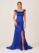Ailani | Royal Blue Square Neck Ruffle Slit Prom Dress-KissProm