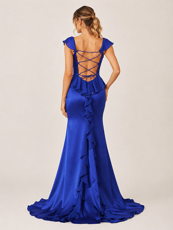 Ailani | Royal Blue Square Neck Ruffle Slit Prom Dress-KissProm
