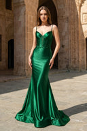 Emerald Satin Mermaid Plunge Neck Long Party Dress | KISSPROM