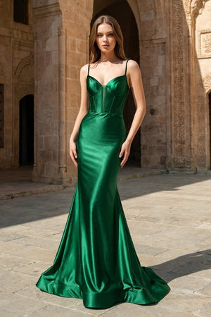 Emerald Satin Mermaid Plunge Neck Long Party Dress | KISSPROM