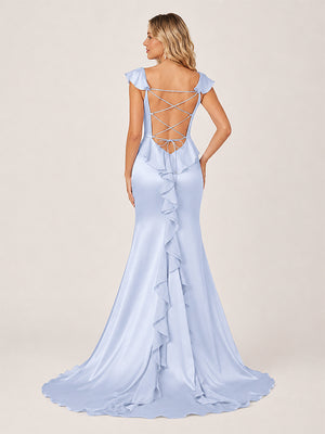 Ailani | Sky Blue Square Neck Ruffle Slit Prom Dress-KissProm