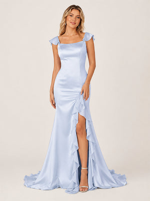 Ailani | Sky Blue Square Neck Ruffle Slit Prom Dress-KissProm