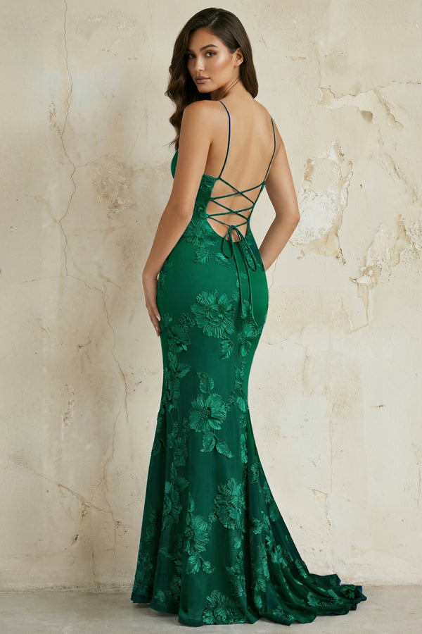 KissProm-Emerald  Spaghetti Straps Mermaid Tulle Long Prom Dresses With Appliques