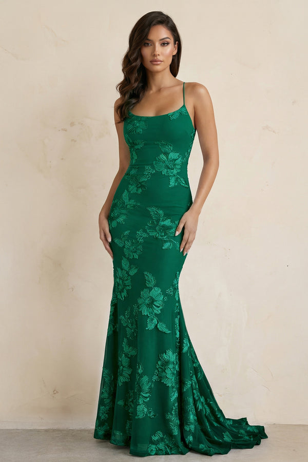 KissProm-Emerald  Spaghetti Straps Mermaid Tulle Long Prom Dresses With Appliques