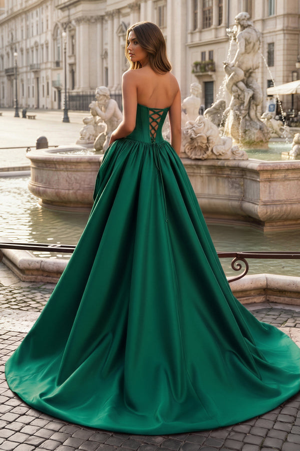 Emerald Strapless A Line Satin Long Formal Dress With 3D Flower | KISSPROM