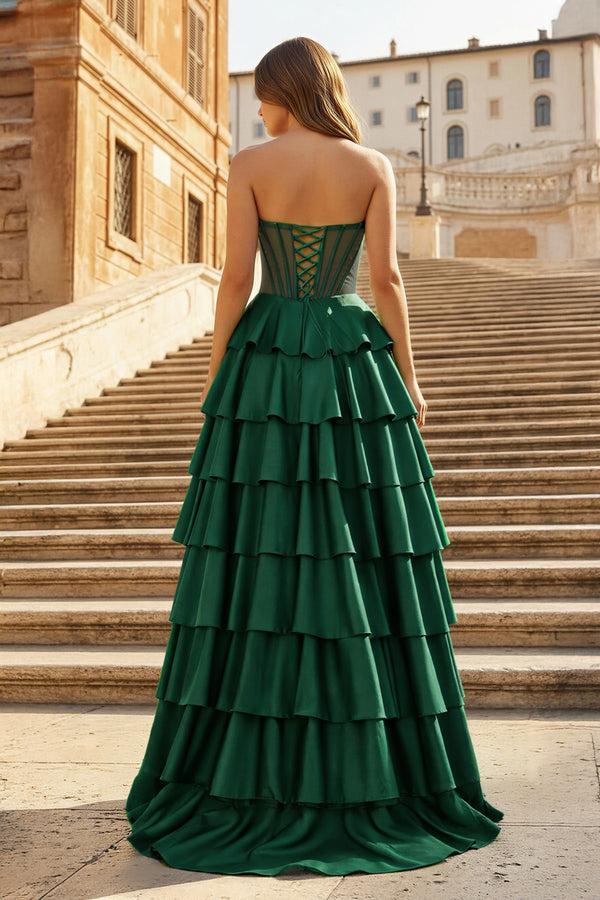 KissProm-Emerald  Sweetheart A Line Satin Ruffled Long Prom Dresses With Slit