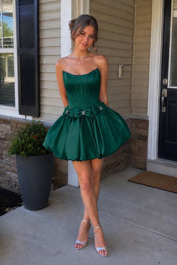 Emerald Strapless A Line Satin Short Homecoming Dresses With Bow (2) | KISSPROM