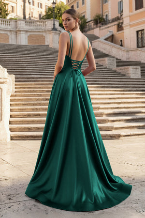 KissProm- Emerald V Neck A Line Satin Long Prom Dresses With Slit