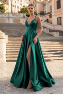 Burgundy Spaghetti Straps A Line Satin Long Prom Dresses With Slit - KissProm