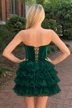 Emerald Velvet Sweetheart Ruffles Short Homecoming Dress (2) | KISSPROM
