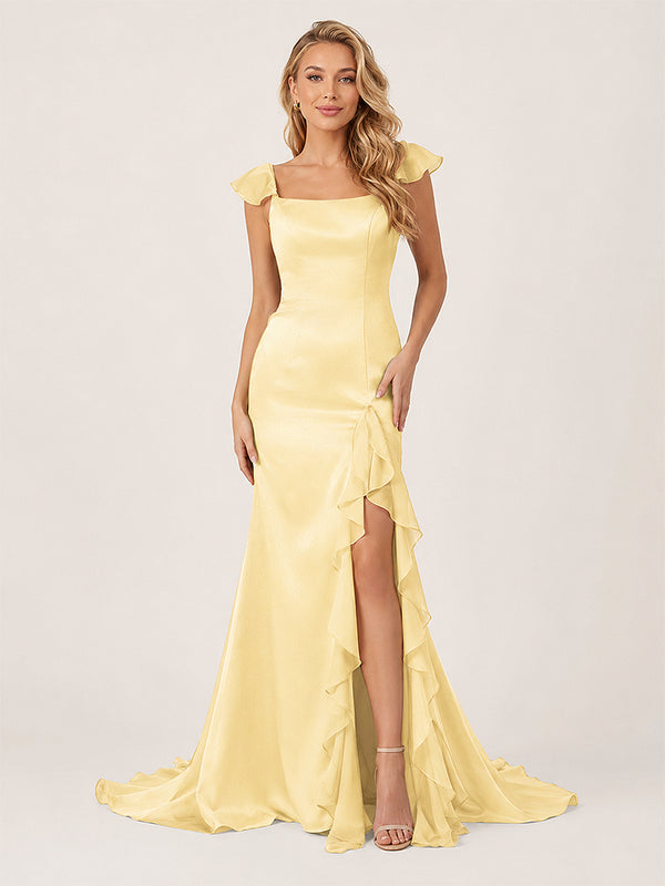 Ailani | Yellow Square Neck Ruffle Slit Prom Dress-KissProm