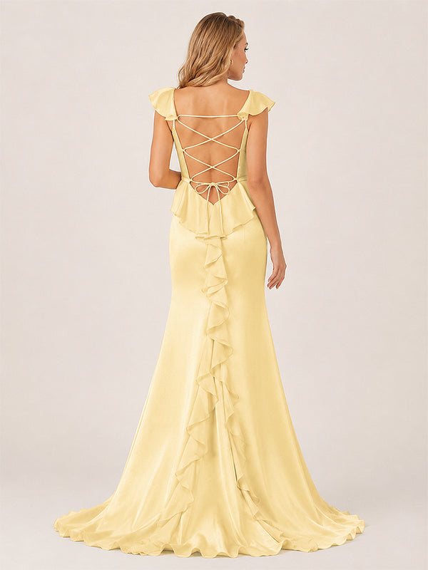 Ailani | Yellow Square Neck Ruffle Slit Prom Dress-KissProm