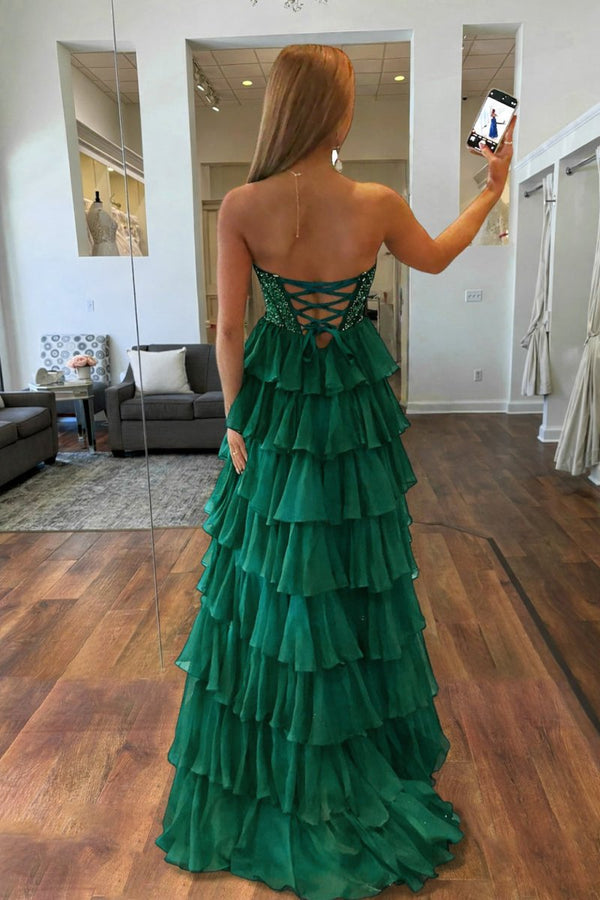 Emerald - A Line Strapless Chiffon Beaded Corset Long Prom Dress With Slit - KissProm